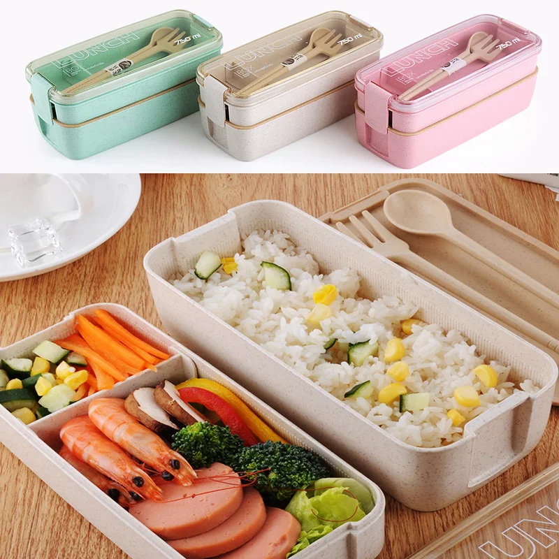 

750ml Healthy Material 2 Layer Lunch Box Wheat Straw Bento Boxes Microwave Dinnerware Food Storage Container Lunchbox