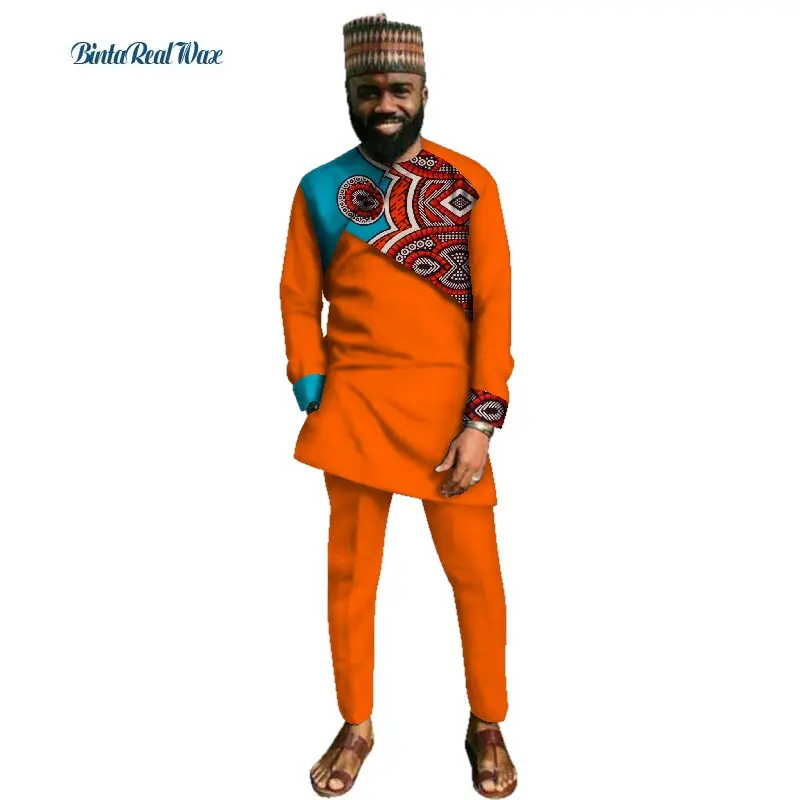 Традиционный Африканский стиль Одежда Мужская одежда хлопок пэчворк топ и брюки наборы Африканский принт 2 шт. брюки наборы WYN423