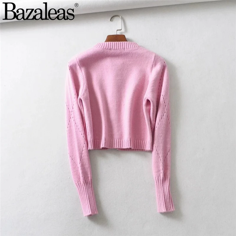 Bazaleas розовый женский кардиган с вырезами, винтажный Женский вязаный свитер на пуговицах, модный базовый Повседневный свитер