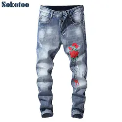 Sokotoo Для мужчин красный цветочная вышивка джинсы мода slim вышитые стрейч синие джинсы