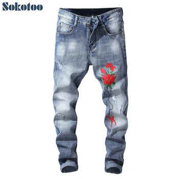 

Sokotoo Men's red flower embroidery jeans Fashion slim embroidered stretch blue denim pants