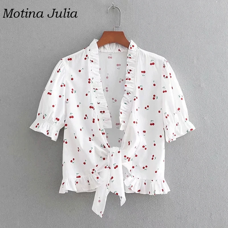 Женское пляжное платье с принтом вишни Motina Julia мини бантом и оборками уличная