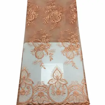 

2019 Orange &Gold Line French Mesh Lace With Lots Of Stones For Evening Party Dresses High Quality Embroidered Lace Fabric