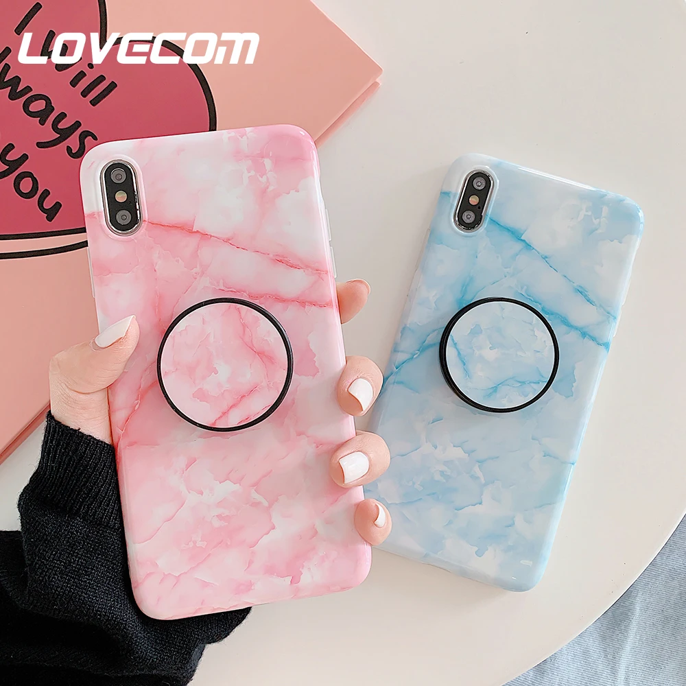 

LOVECOM Smooth Pink Marble Case Foldable Stretch Stand Holder Cover For iPhone XS XR XS Max 7 8 Plus Soft IMD Protector Shell