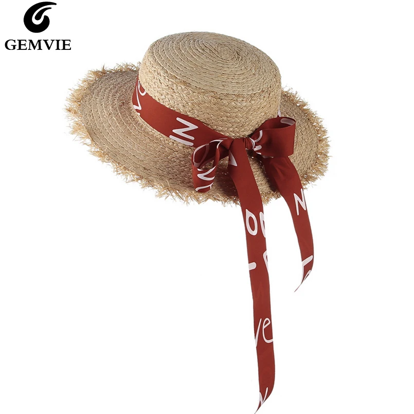 

GEMVIE Red Ribbon Bow Straw Hats Summer Hat For Women 2019 New Fashion Travel uv Sun Hat Raffia Woven Wide Brim Ladies Beach Cap