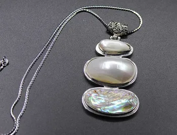 

free shipping silver Big white mabe keshi pearl necklace crescent three serires pendant fine jewelry