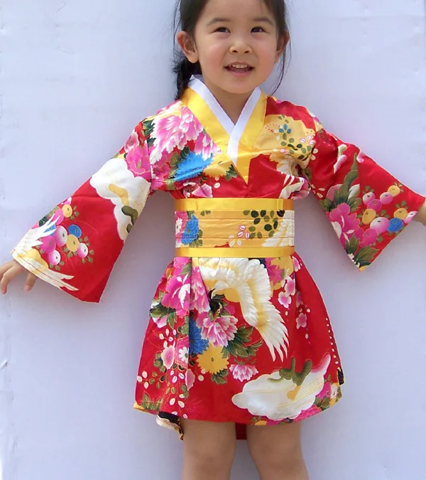 2018 winter Children Yukata Peacock Japanese Girl's Kimono Kids Yukata Haori Dress Traditional Japanese Kimono