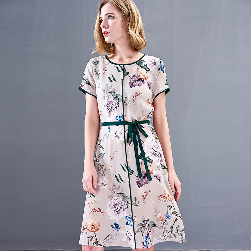 

2019 Summer New European and American Women's High-grade Printed 92% Real Silk Dress Short Sleeves Elegant Dresses