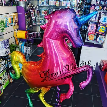 

Big Size Laser Unicorn Foil Balloons Stand Rainbow Horse Balloon Baby Birthday Party Decor Grand Event Party Supplies Air Baloon