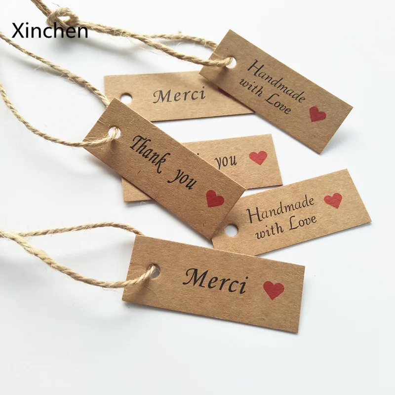

100pcs/lot 1.9x5.1cm small Kraft paper tag "thank you""handmade with love""merci"Hang tag Retro Gift Hang tag