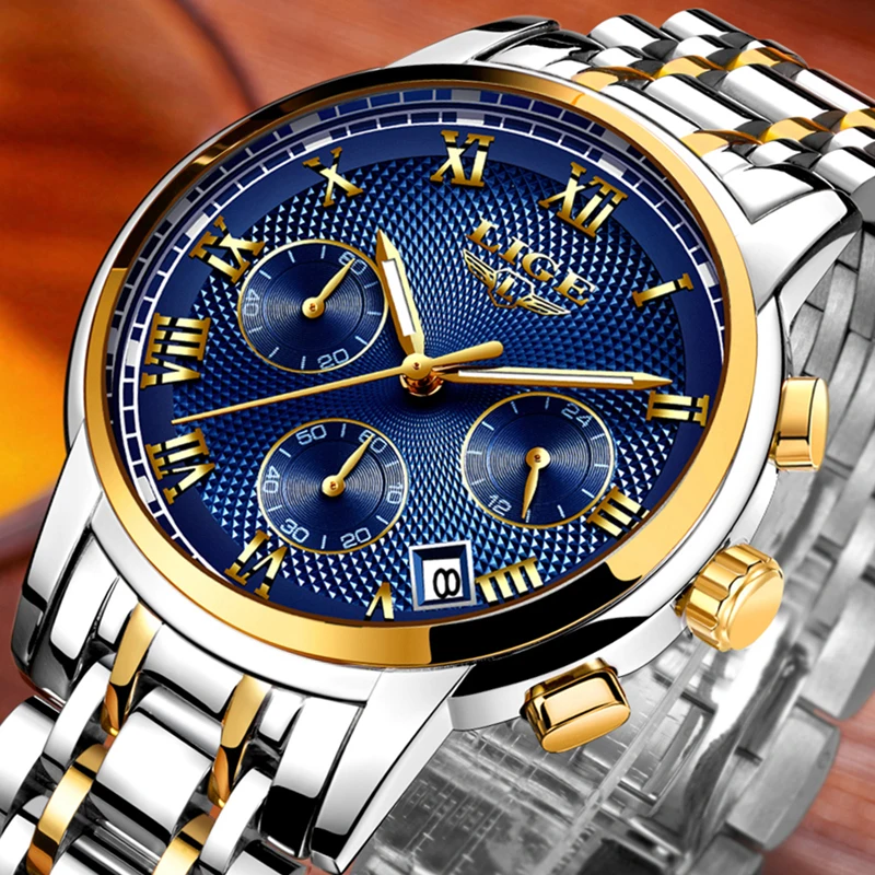 LIGE Men's Watches Fashion Brand Chronograph Quartz Watch Men All Steel Strap Military Sport Wrist Watch Gold Relogio Masculino
