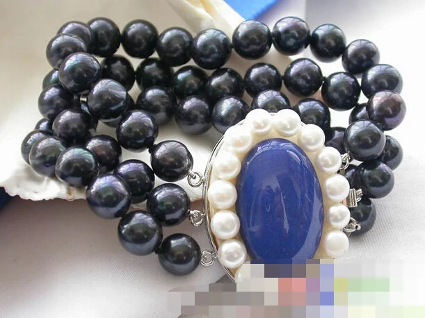 

Hot sell ->@@ > 12719 3row black ROUND FRESHWATER CULTURED PEARL BRACELET LAPIS -Top quality free shipping