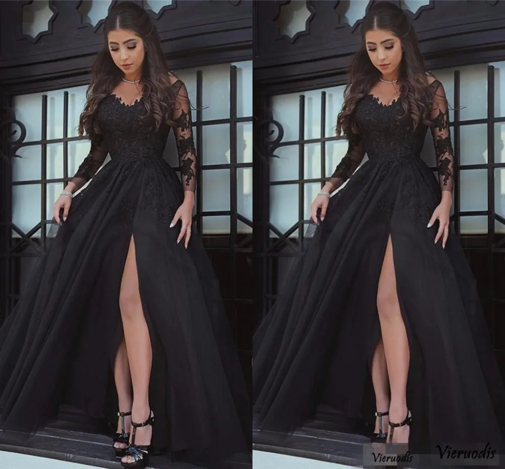 

Black A-line V-neck Long Sleeve Prom Dresses Long Appliques Tulle Formal party Gowns sexy high split Evening dress custom made
