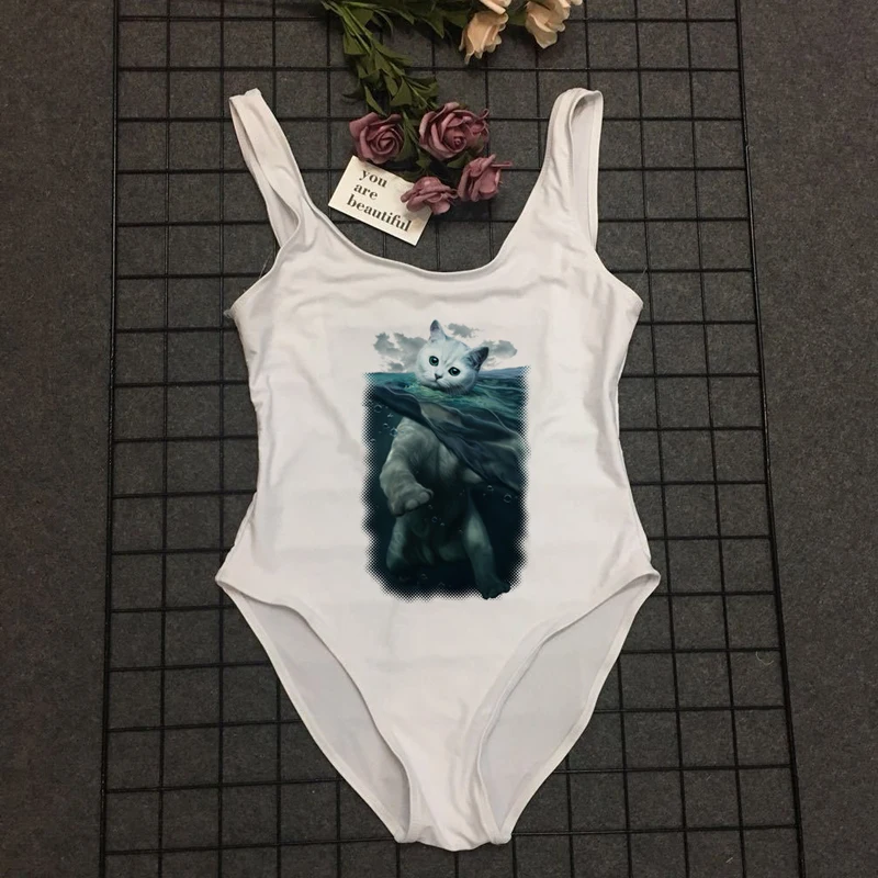 

Funny Swim Cat Printed Swimwear One Piece Swimsuit 2019 Women High Cut Trikini Thong Monokini Brazilian Bikini Bathing Suit