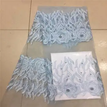 

2018 Embroidery mesh tulLe lace fabric 5yards flower pattern beaded african pink beads lace fabrics wholesale for wedding party