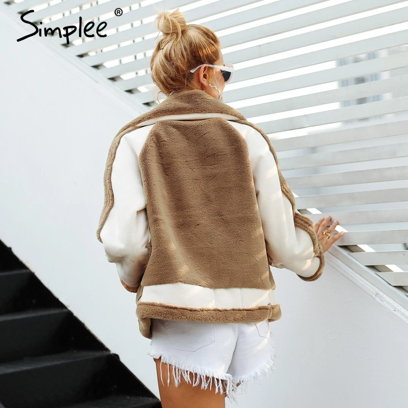 Simplee Elegant faux fur coat Women Autumn winter warm soft zipper fur jacket Female plush overcoat casual outwear