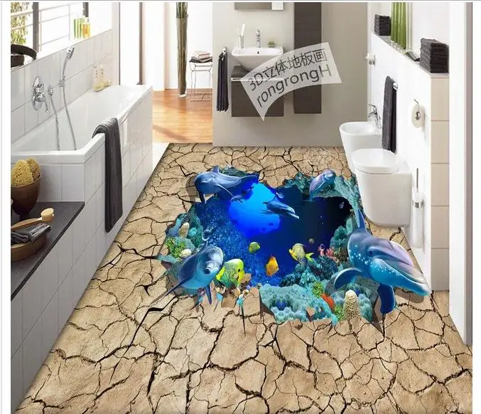 

Custom photo wallpapers 3d pvc floor painting murals 3D Ocean World Dolphin Floor Wall Stickers home decor