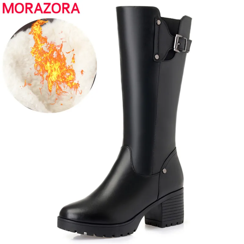 Женские теплые сапоги из натуральной кожи MORAZORA черные до колена шерсти зима