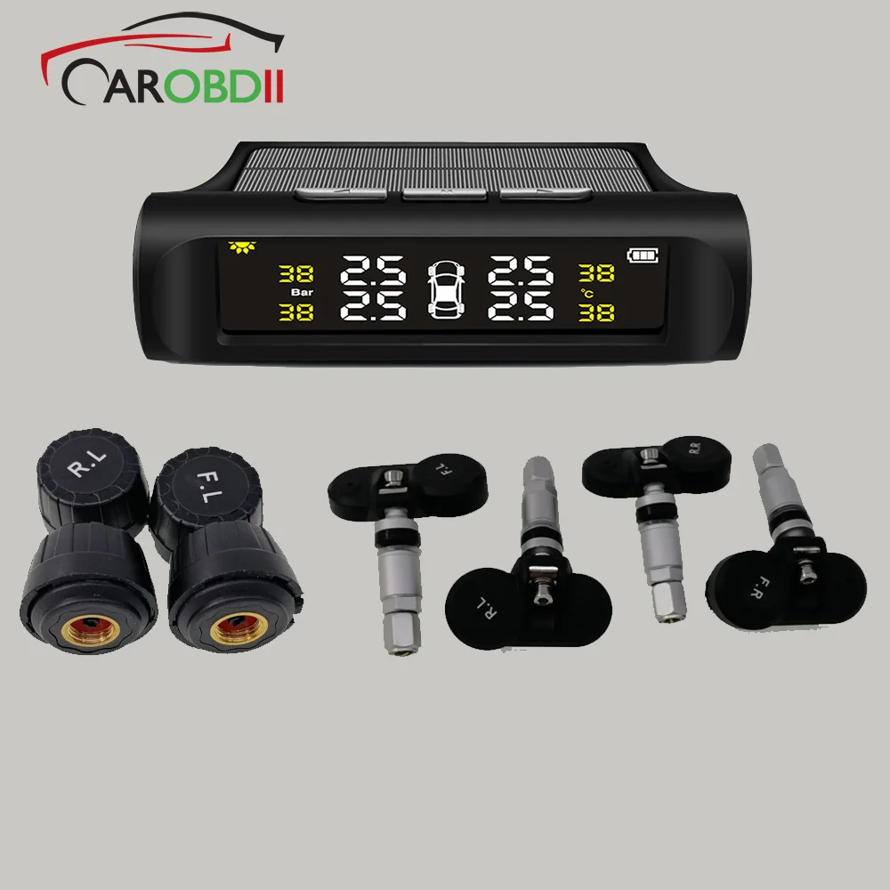 

New Solar TPMS Wireless Tire Pressure Monitoring System Solar TPMS Internal / External Sensors Car Tyre TPMS LCD Display