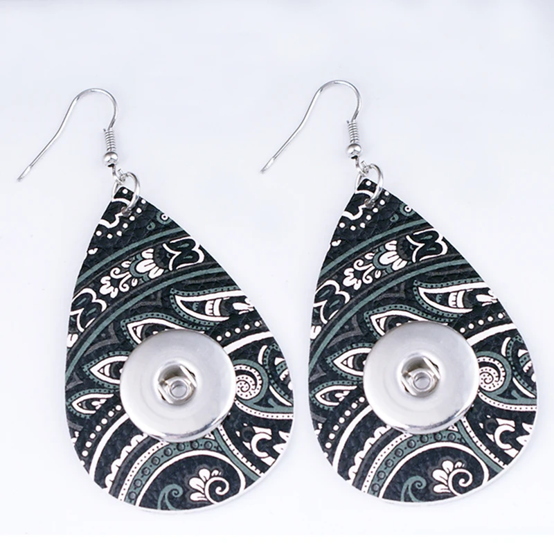 

FH6257 classical Bohemia water drop PU Leather 18mm snap button earrings European and American style