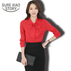 2019 Однотонная шифоновая рубашка, топы с рукавами длинными, Весенняя Новая модная блузка с галстуком-бабочкой Корейском в стиле, рубашка