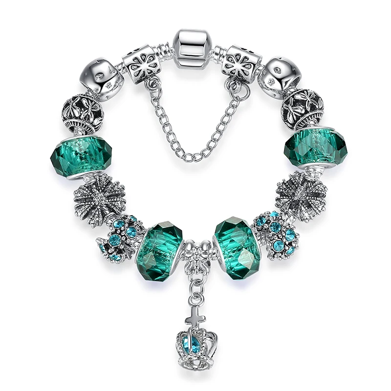 ELESHE Fashion DIY Crystal & Murano Glass Beads Crown Charm Bracelets For Women Snake Chain Bracelets & Bangles Pulseras Gift