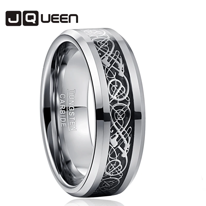 JQUEEN 8MM Tungsten Carbide Ring Wide Black Carbon Fiber Steel color Rings Vintage Dragon For Men Male Jewelry Gift | Украшения и