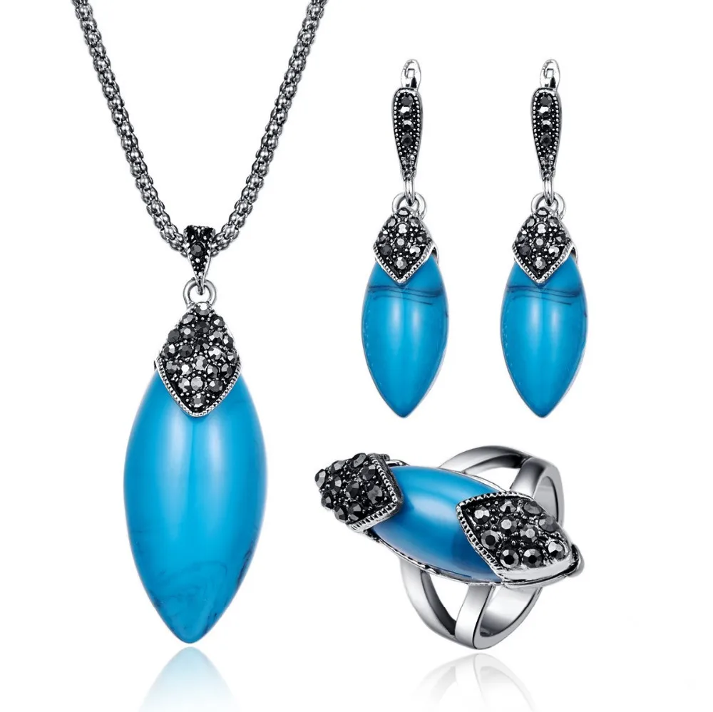 

Luxury Big Resin Stone Gem Pendant Necklace Earrings Ring Set Jewelry Vintage Black Retro Crystal Women Fashion Jewelry Sets 20%