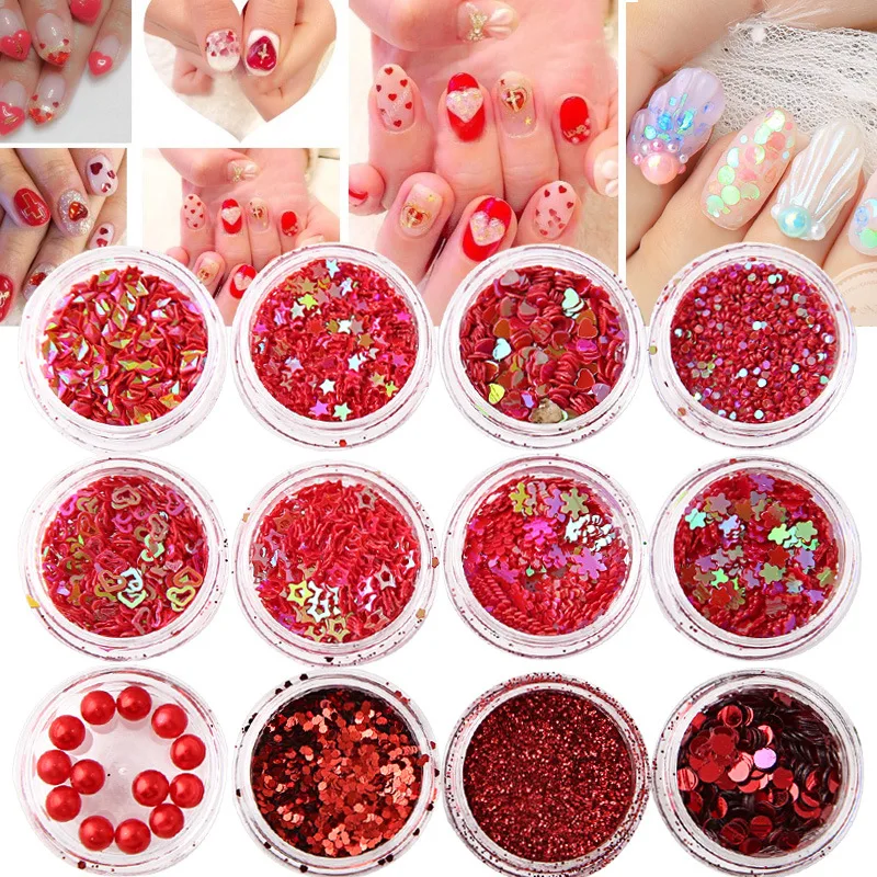 

12 Pcs Red Series Mix Snowflake Heart Star Nail Sequins Shining Nail Glitter Powder Rhinestone Tips Nail Art Decoration
