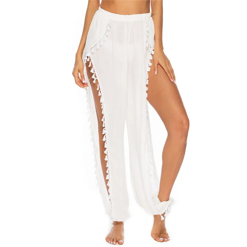 

Femme Beach Pant Split Loose Chiffon Wide Leg Pants Solid Fringed Bundle Trouser Elegant Femme's Tassel Pants Sexy pants
