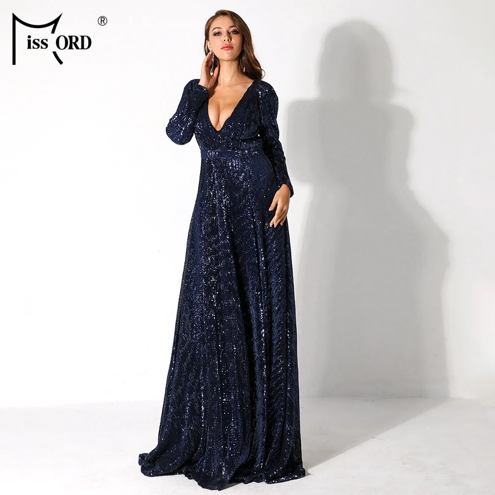 Missord Women Sexy Deep-V Long Sleeve High Split Dress Female Sequin Elegant Party Maxi Reflective Dress FT9707-3