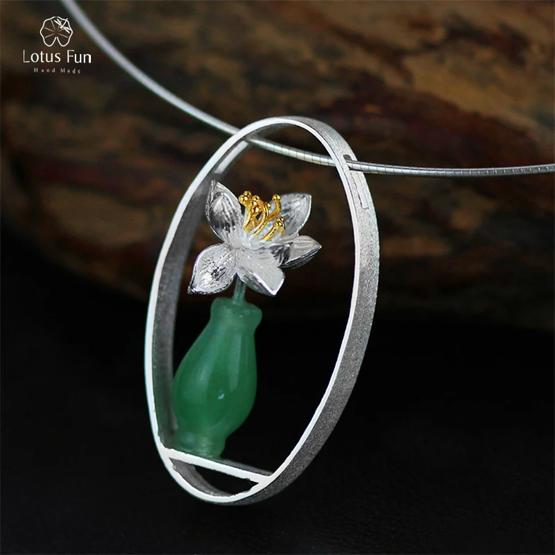 Lotus Fun Brand 925 Sterling Silver Pendant for Women Green Aventurine Fine Jewelry Vase Flower Pendant without Chain Dropship