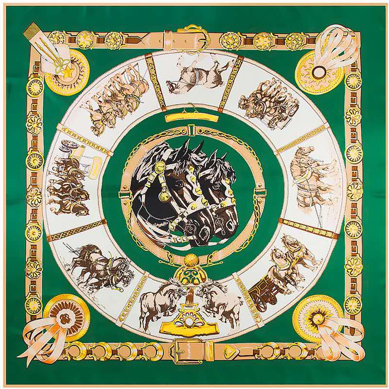 

2019New Ladies scarves100% Twill Silk Scarf Women Square Scarves Spain Horse Neckerchief Carriage Print Foulard hijab scarf130CM