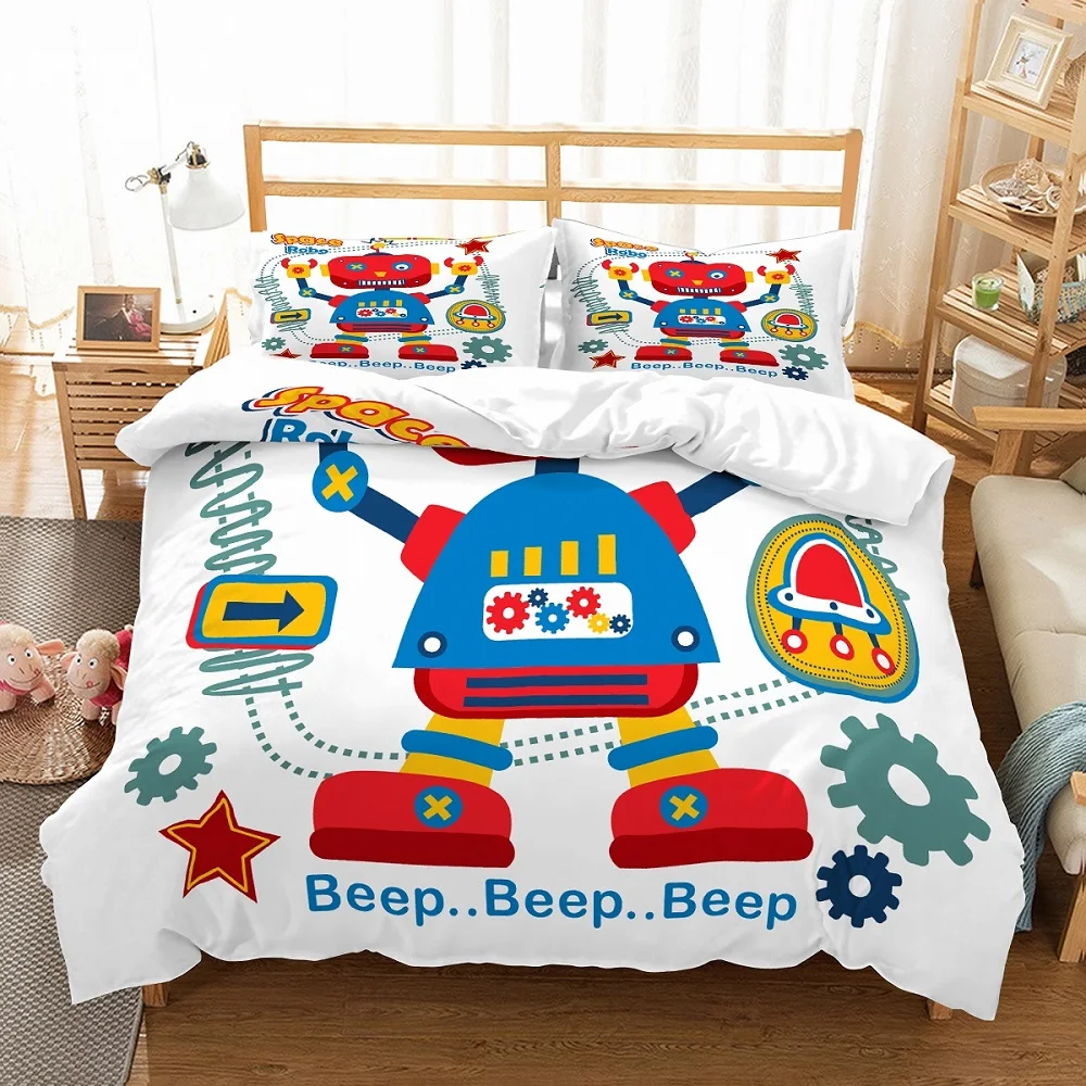 

Kids Red/Blue 3D Beep Space Robot Printed Duvet Cover Set 3PCS(1 Duvet Cover with 2 Pillowcase)Microfiber Bedding Set