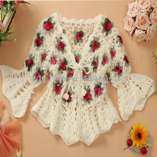 Handmade Crochet Sweaters Coat 2015 Women Mohair Rose Floral Hollow Out Flare Sleeve Short Cardigan femininas