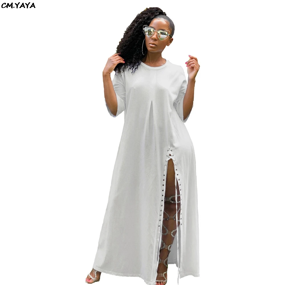 

2019 Women new summer lace up side split short sleeve o-neck loose maxi dress fashion vintage long dresses vestidos GLL0274