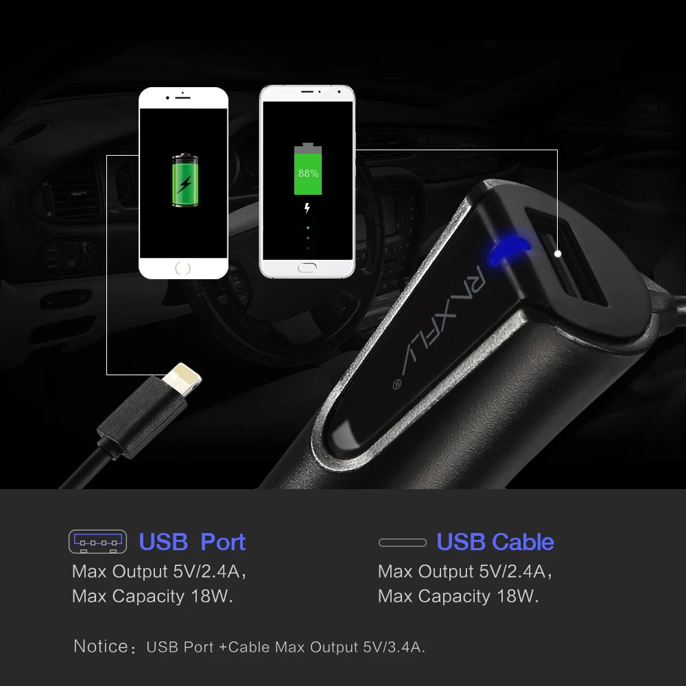 Raxfly 5 فولت/3.4a شاحن سيارة لفون سامسونج شاحن سيارة عالمية للهاتف مع مايكرو كابل usb ل فون كابل شحن