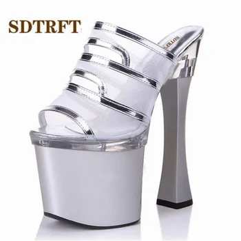 

SDTRFT Pumps Waterproof shoes woman 18cm thick heels Comfortable feminino Transparen Party Crossdresser Stiletto Plus:35-45 46