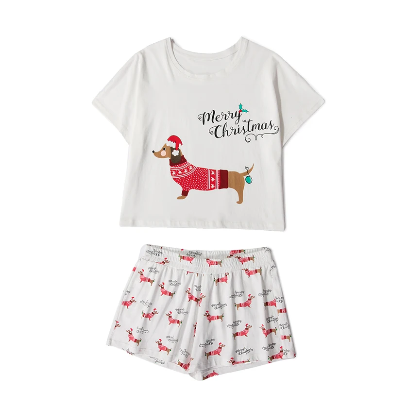 Для женщин такса собака печати комплекты 2 шт. пижамные костюмы укороченный топ и шорты эластичные свободные топы плюс Размеры эластичный пояс S69305 - Цвет: Christmas Set