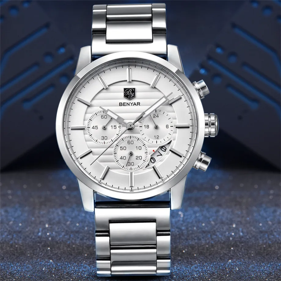 BENYAR Watches Men Chronograph Stainless Steel Calender Water Resistant Formal Wristwatches Man's Casual Male Clock Montre Homme (6)