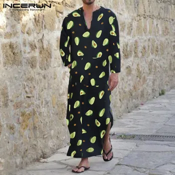 

INCERUN Fashion Avocado Print Long Sleeve Robes Men Pockets V Neck Jubba Thobe Saudi Arabia Islamic Muslim Kaftan Men Clothing