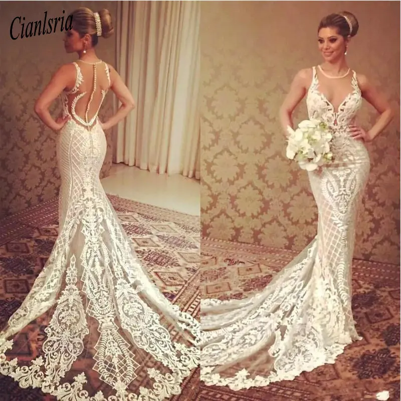 

Vestido De Noiva 2019 Sexy Backless Lace Mermaid Wedding Dress Vintage O-Neck Tulle Appliques Boho Bridal Gowns High Quality