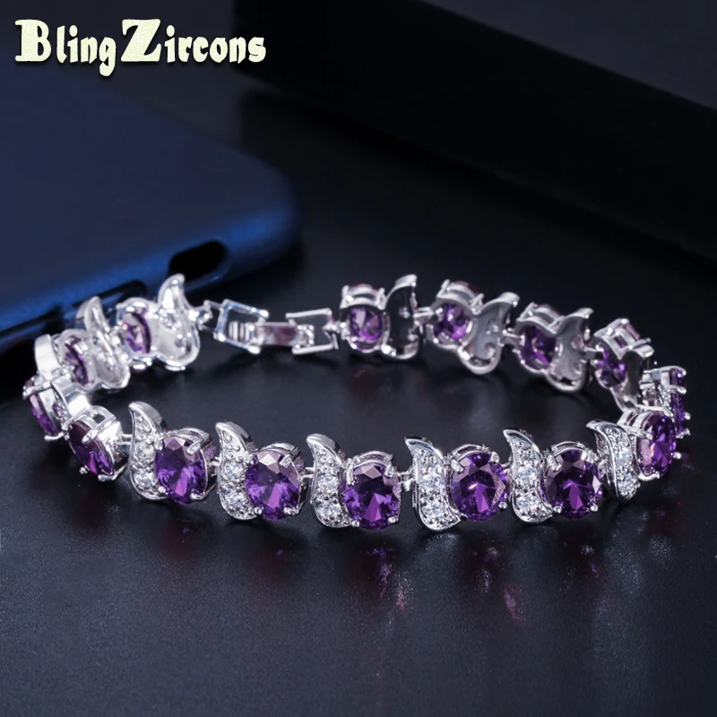 

BeaQueen 925 Sterling Silver Jewelry Dazzling Purple White Oval Cubic Zirconia Crystal Charm Bracelets for Women Gift B005