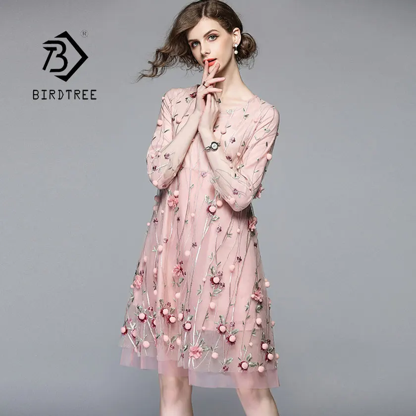 

2019 New Summer Women's Mesh Embroidery Flower Dress Patchwork Three Quarter Hollow O Neck High Waist Vestido Hot Sales D94818Z