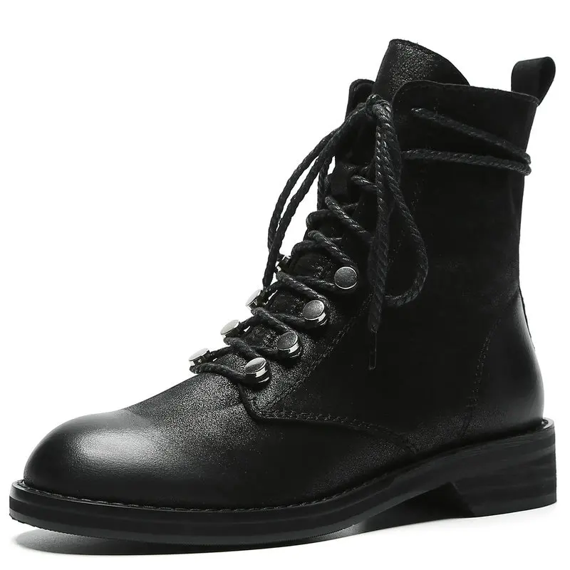 

Fall Genuine Leather Combat Boots Women Fashion Comfort Studded Flat Woman Black Brown Round Toe Zipper Short Boots