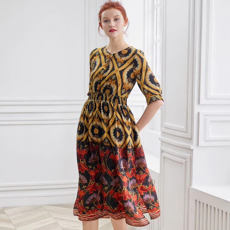 

100% Silk Dress Women Printed Button O Neck Half Sleeve Elastic Waist Grade Fabric Long Dress Summer New Fashion 2019