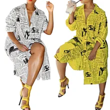 Newspaper Print Long Sleeve Shirt Dress 2019 Women Turn-Down Collar Button Up Blouse Dress Ladies Streetwear Shirt Dress girls button up banana print collar dress