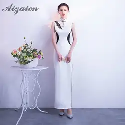 Черный, Белый Цвет сращивания хлопок Cheongsam Длинные 2018 Сексуальная платье Ципао с разрезом Тонкий Для женщин китайское традиционное платье