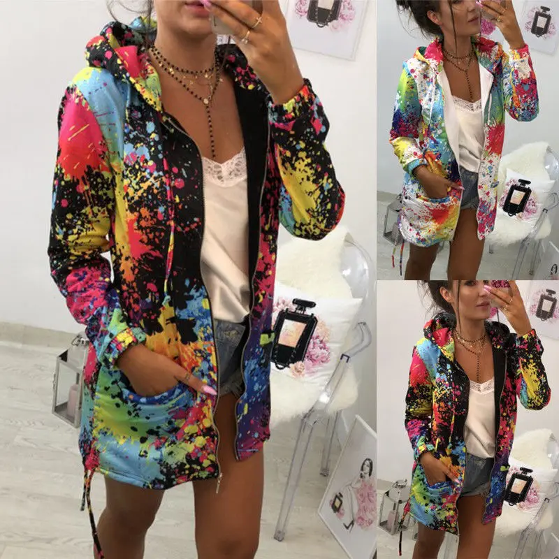 

Hirigin Colorful Women Jacket Long Length Style Hooded Women Girls Jacket Autumn Outwear Zip Up Biker Flight Women Clothes