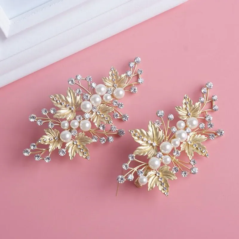 2017 New Arrived Bling Clear Rhinestone Pearls Hairpin Leaf Shape Barrettes Wedding Accessories Bridal Headpiece | Украшения и